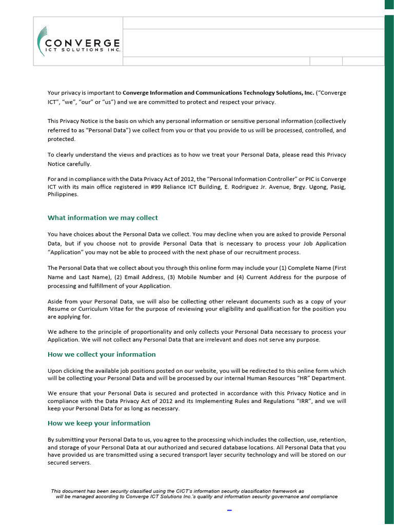 Converge ICT Privacy Notice - Recruitment Board | PDF | Information ...