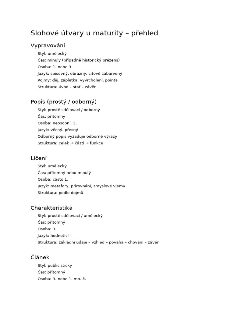 Slohove Utvary U Maturity Prehled DejaVu | PDF
