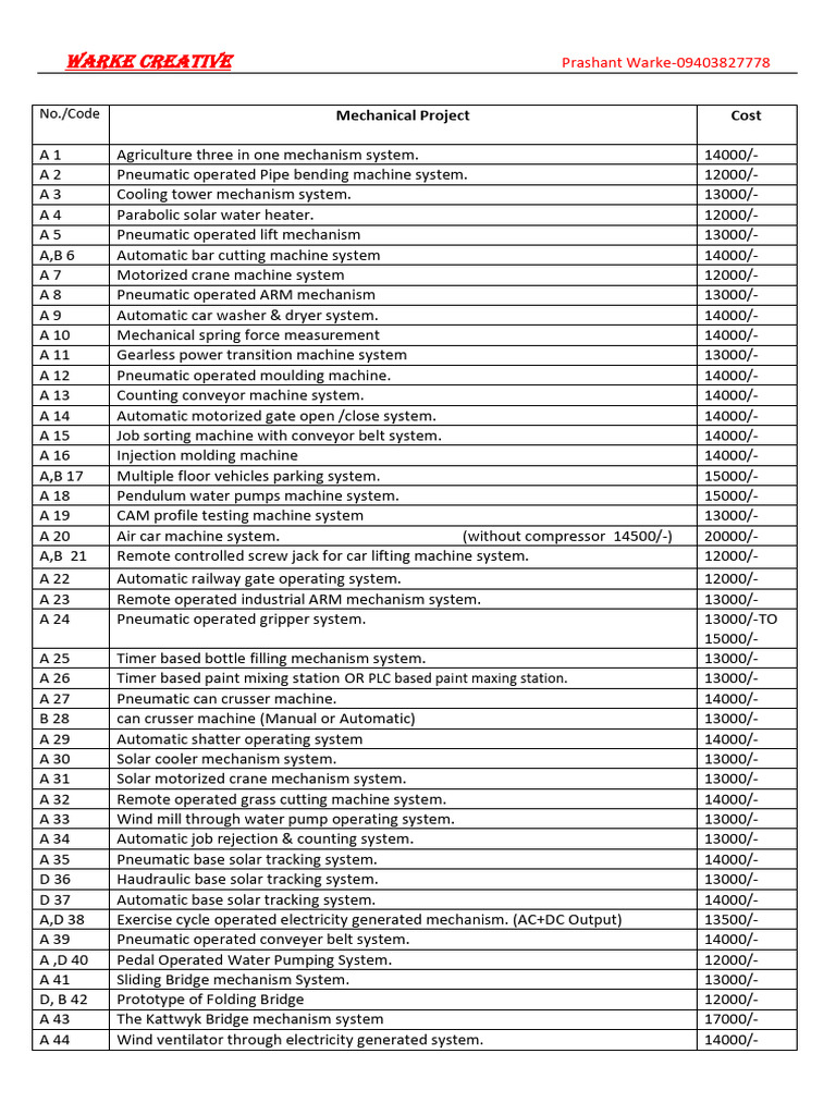 Mechanical Project List With Cost | PDF | Engines | Machines