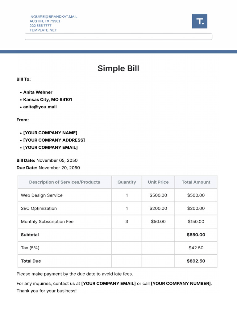 Simple Bill Template | PDF