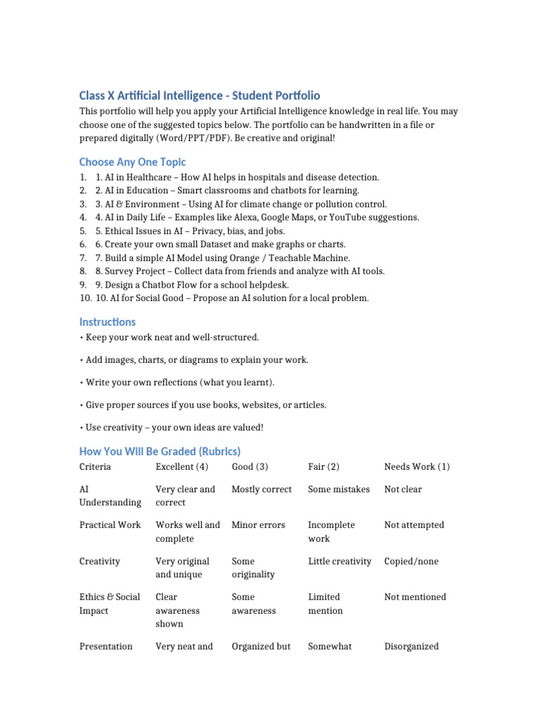 Class X AI Portfolio Student Version | PDF