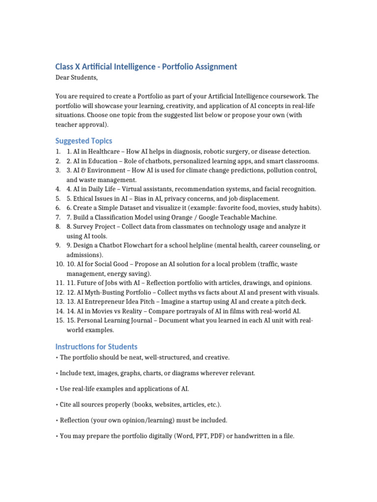 Class X AI Portfolio Assignment | PDF | Artificial Intelligence ...