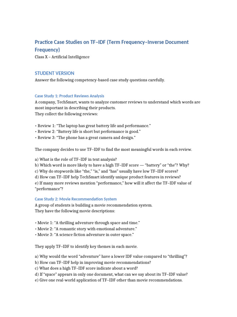 TFIDF Practice Case Studies Class X | PDF