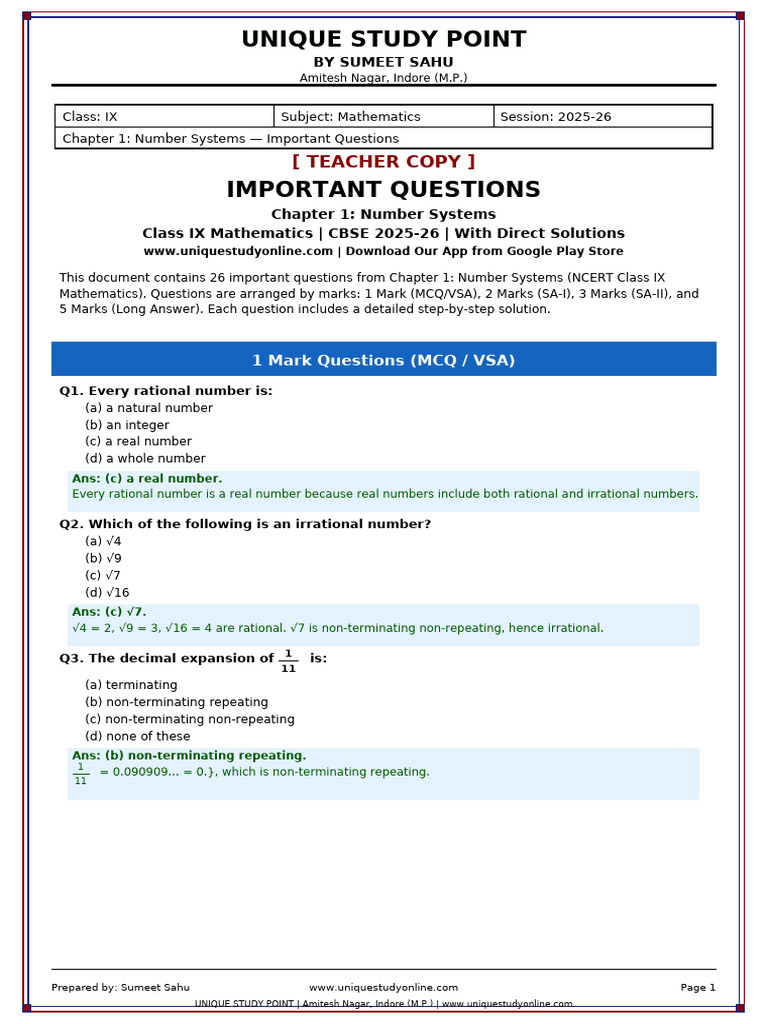 Class9 Ch1 NumberSystems TeacherCopy-1 | PDF | Rational Number | Numbers