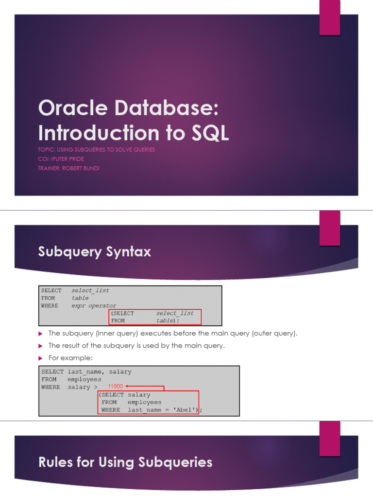 Oracle Database-Using Subqueries To Solve Queries | PDF