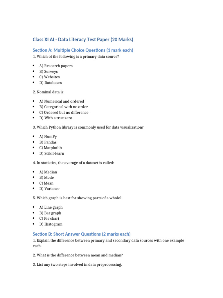 Class XI AI Data Literacy Test Paper | PDF