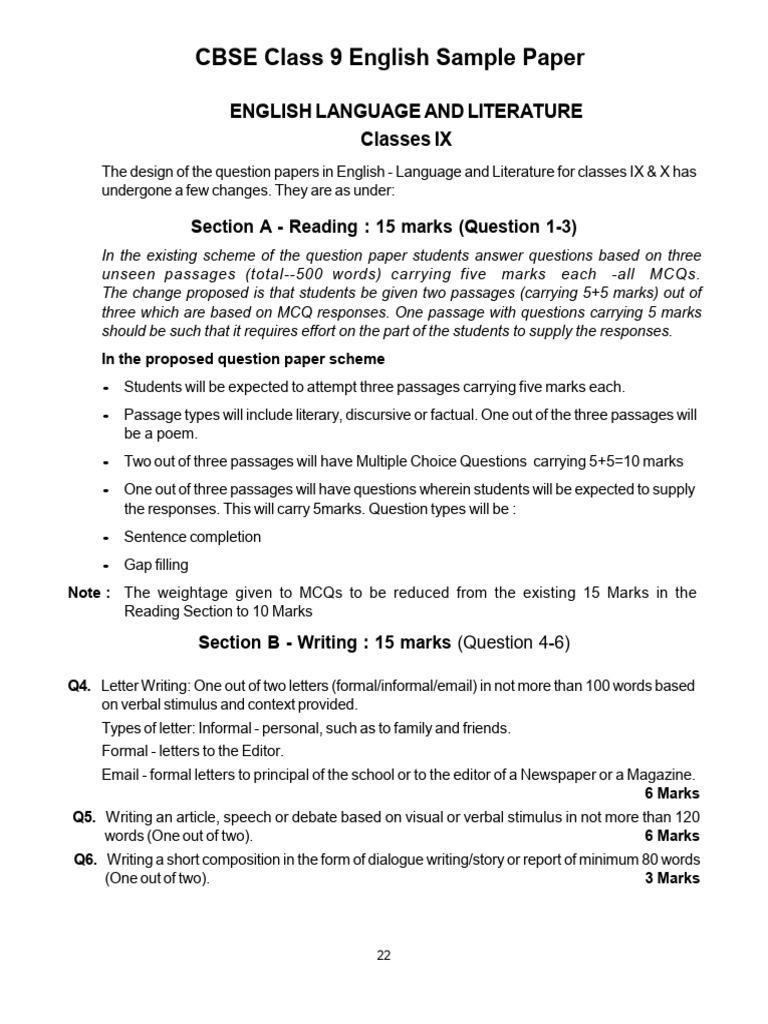 CBSE Class 9 English Sample Paper 3 With Answers | PDF | Ships | Question