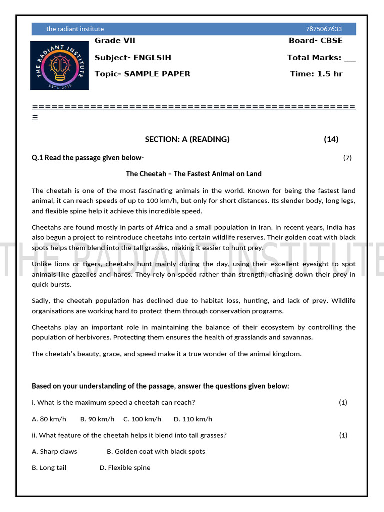 Sample Paper 1 - Reading, Writing, Lietrature | PDF