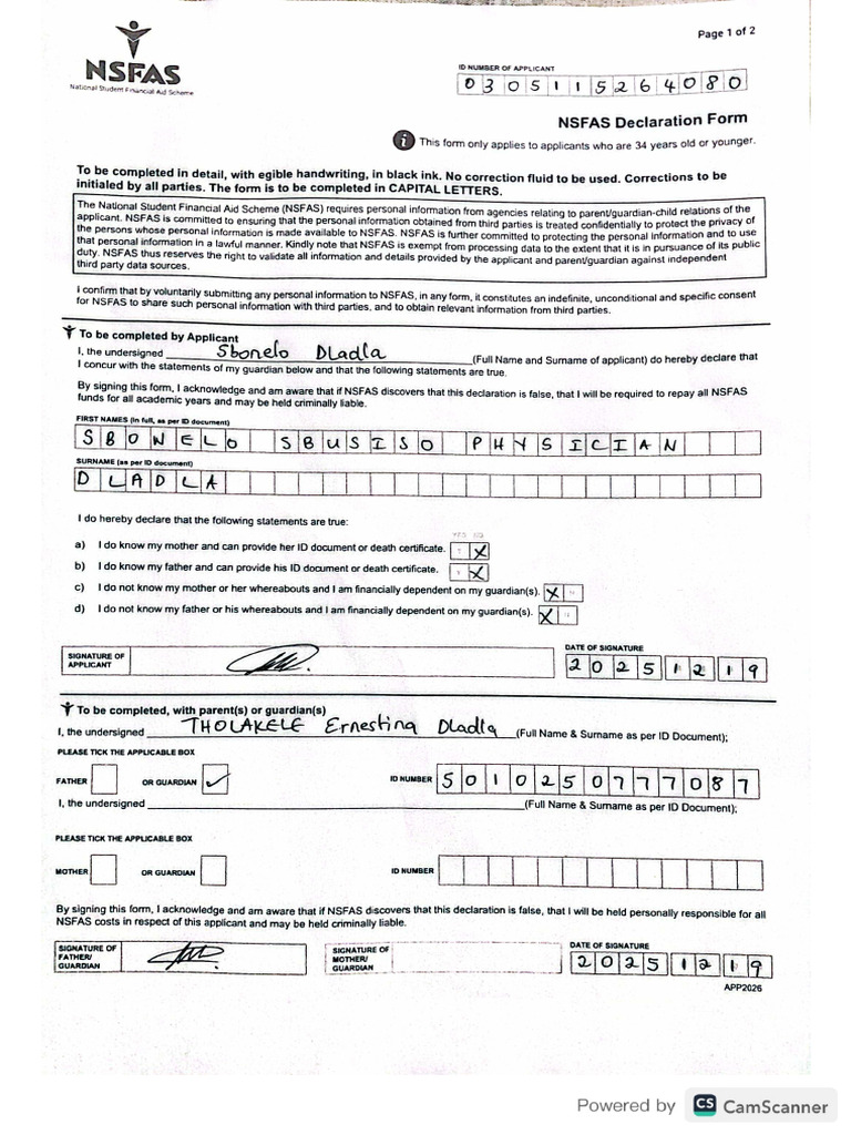 NSFAS Declaration Form | PDF