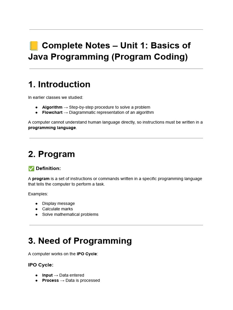 ? Complete Notes – Unit 1_ Basics of Java Programming (Program Coding ...
