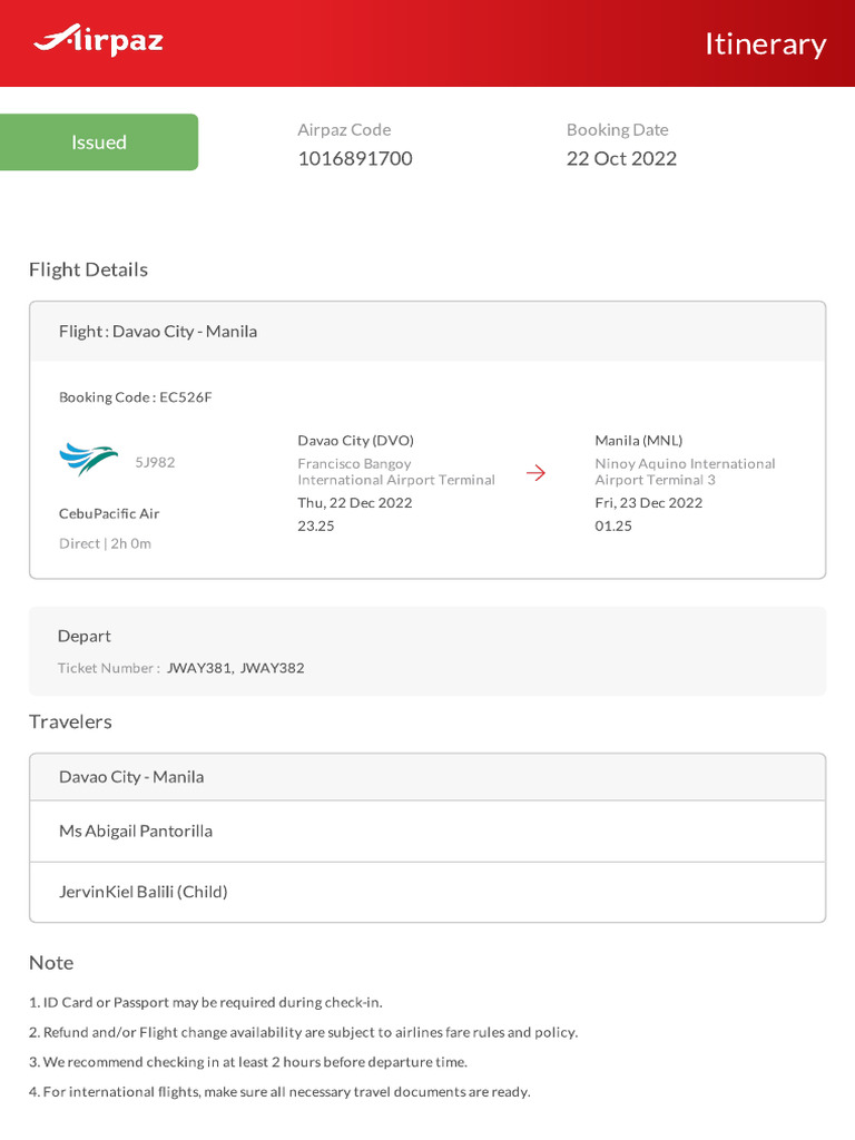 Airpaz Flight Itinerary 1016891700 | PDF