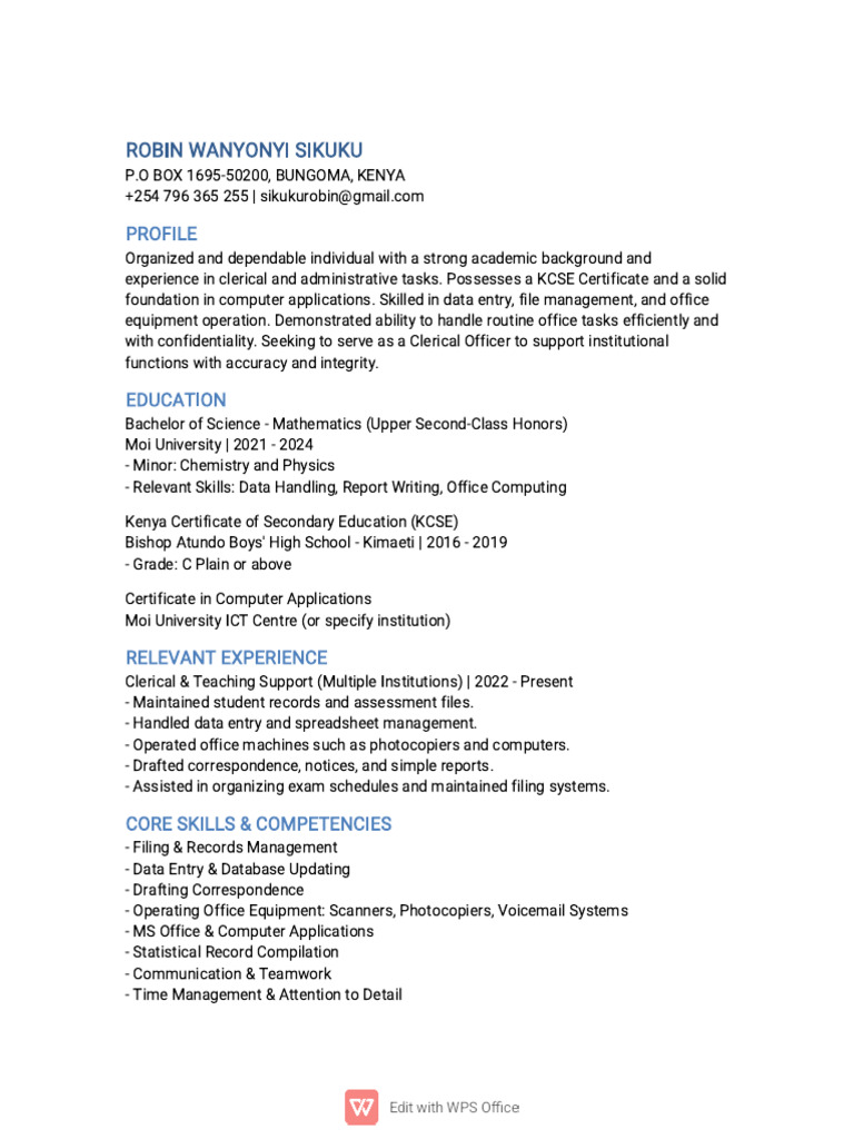 Robin Sikuku Cv Clerical Officer | PDF