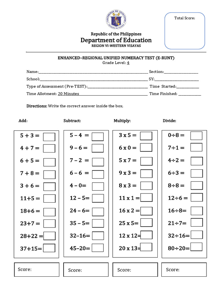 E RUNT Pre Test Grades 4 | PDF