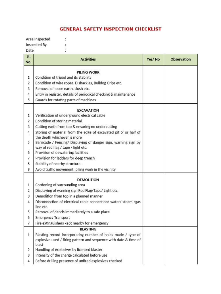 General Safety Inspection Checklist | PDF | Crane (Machine) | Scaffolding