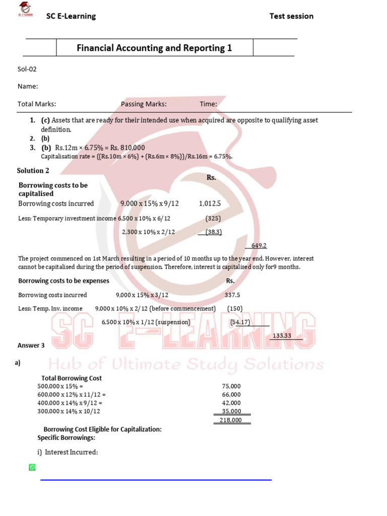 CAF 01 Test 02 IAS-23 (Borrowing Cost) Sol | PDF | Interest | Loans
