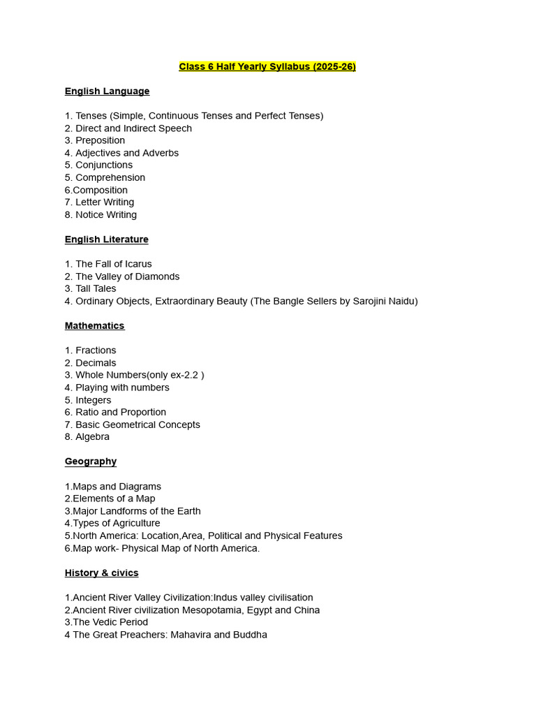 Class 6 Syllabus Half Yearly 2025 | PDF