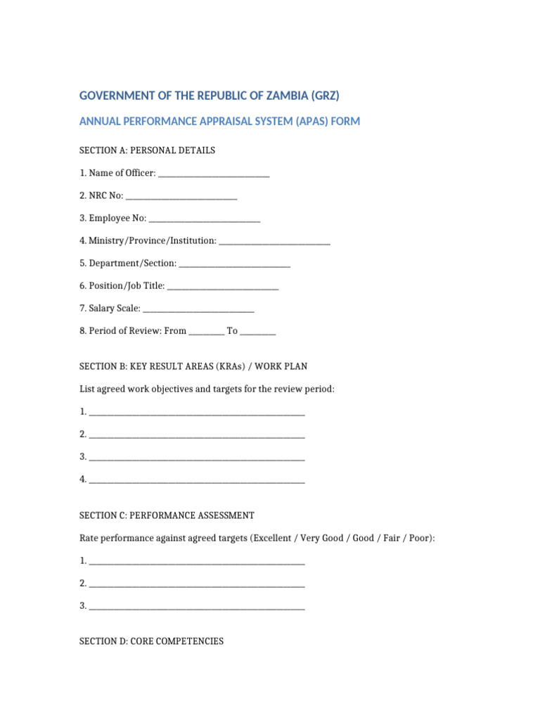 GRZ APAS Annual Performance Appraisal Form Template | PDF
