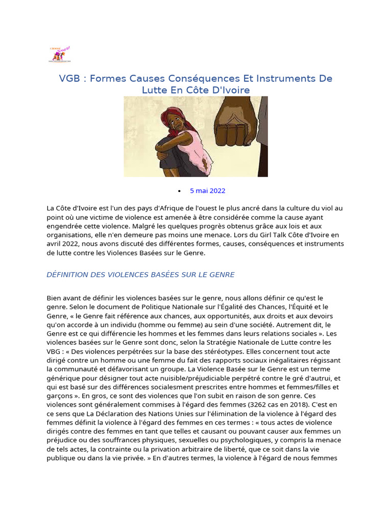 VGB: Formes Causes Conséquences Et Instruments de Lutte en Côte D ...