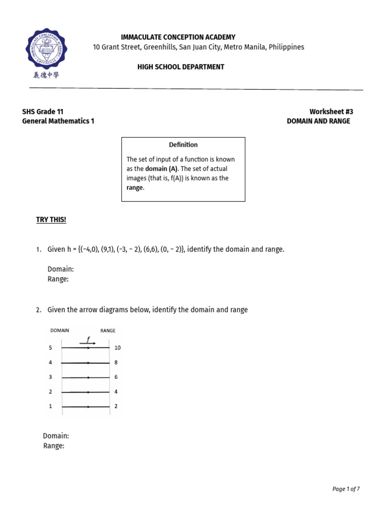 Worksheet - 3 Domain and Range | PDF | Function (Mathematics) | Domain ...