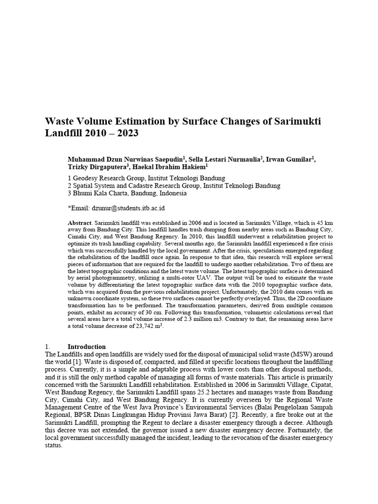 Waste Volume Estimation by Surface Changes of Sarimukti Landfill 2010 ...