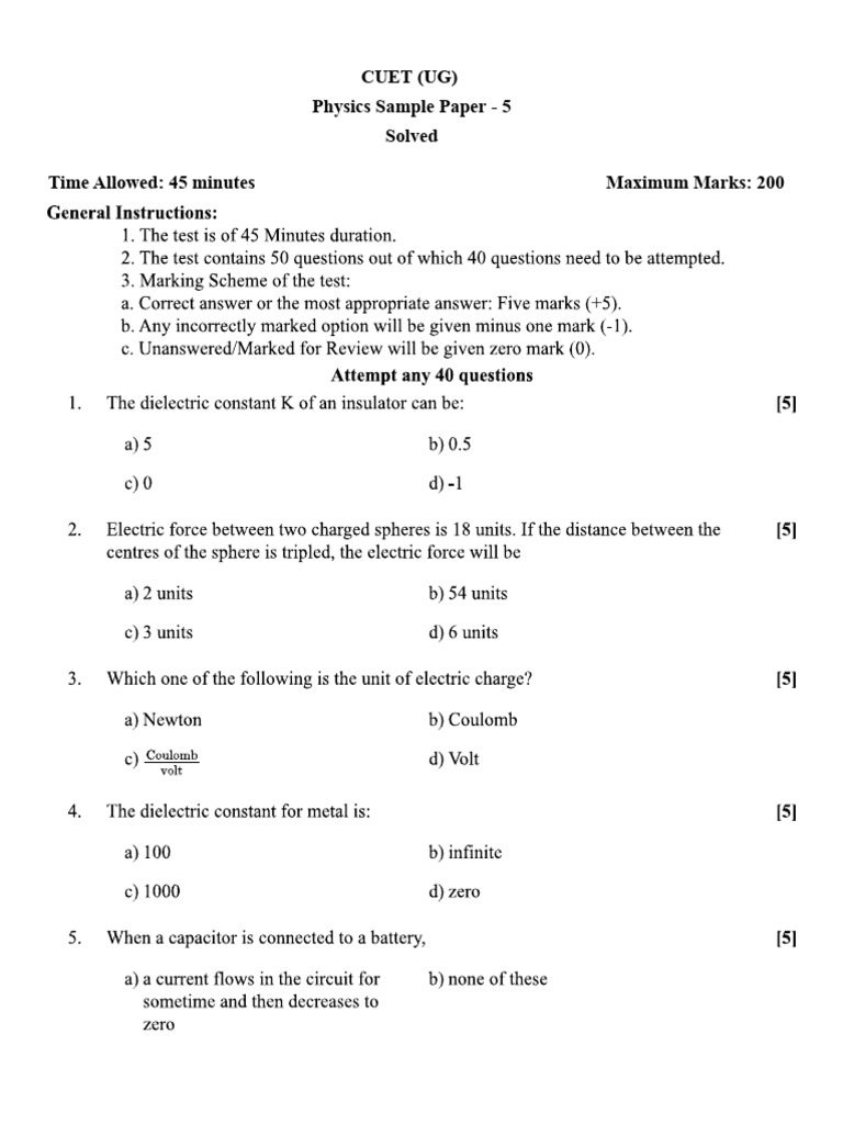 Physics Sample Paper 5 | PDF