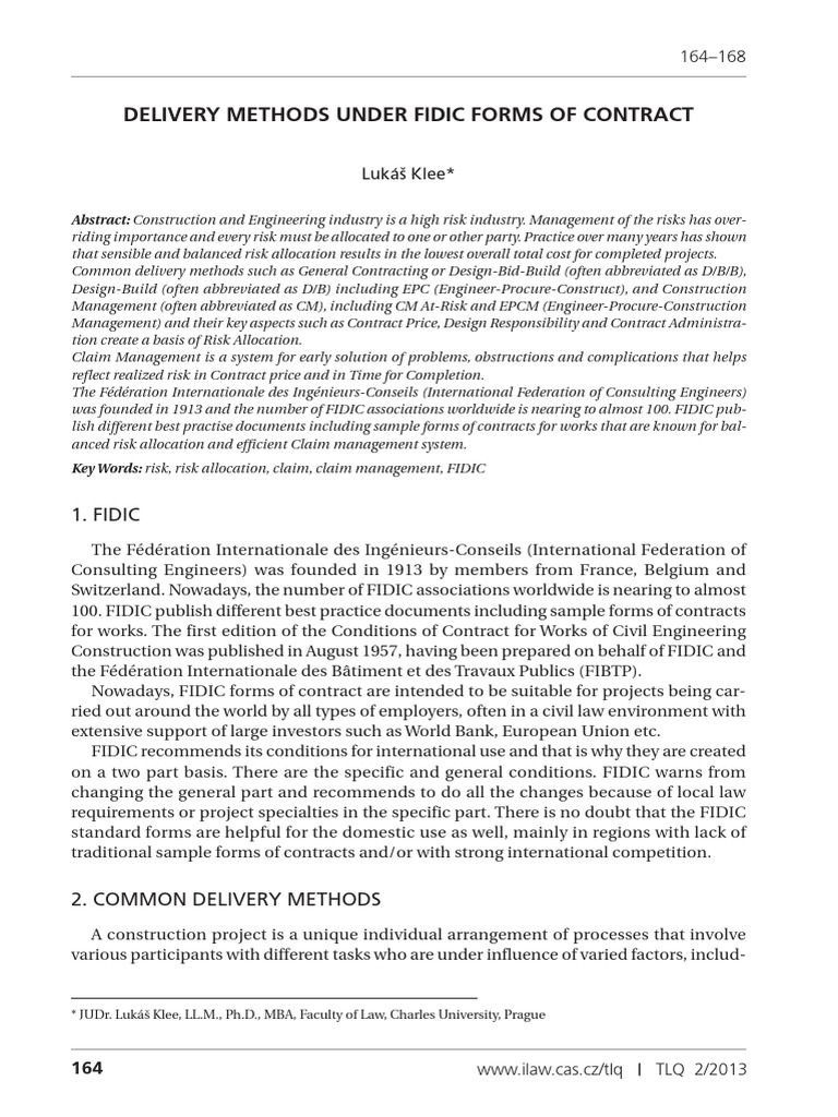 Delivery Methods Under FIDIC Forms of Co | PDF | Employment ...