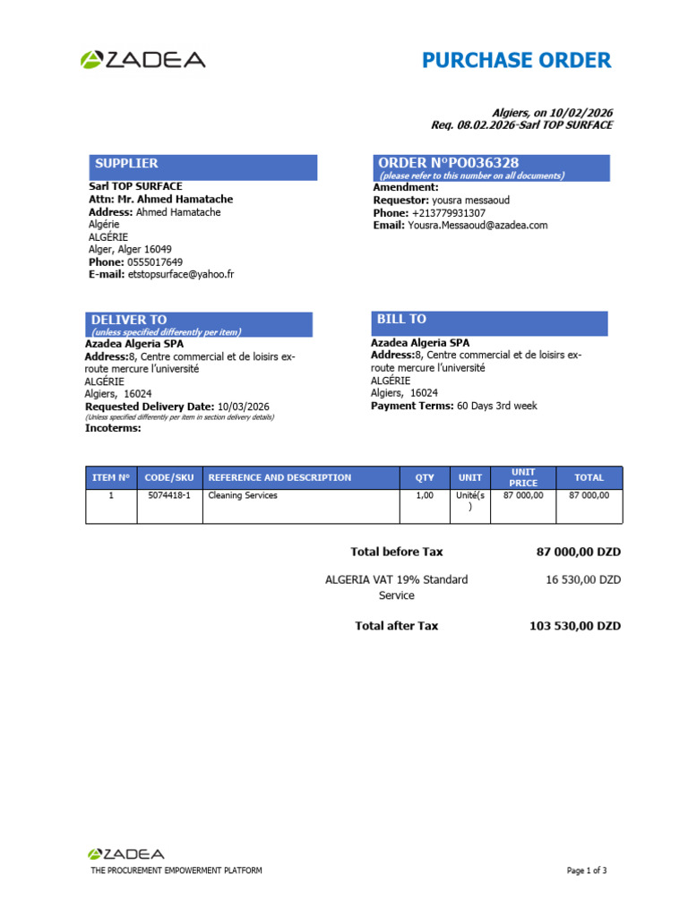 PO036328 Req 08 02 2026-Sarl TOP SURFACE | PDF | Invoice | Procurement