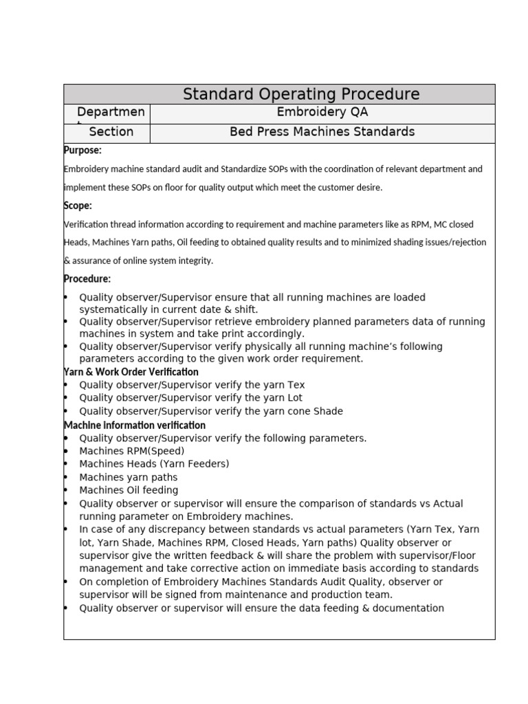 Bed Press Qa Sop | PDF