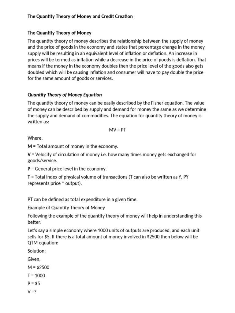 Quantity Theory of Money and Credit Creation | PDF | Money Supply | Money
