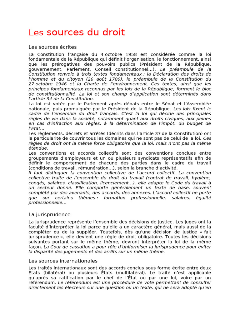 Rappel de Cours Les Sources Du Droit | PDF | Loi | Traité