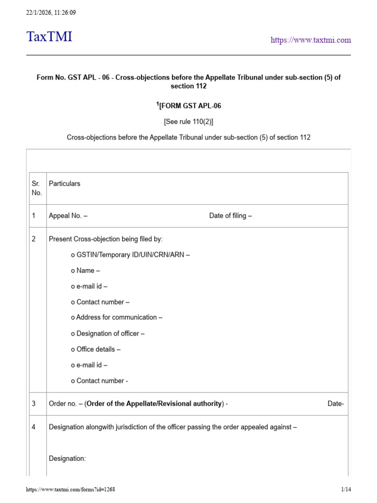 Form No. GST APL - 06 - Cross-Objections Before The Appellate Tribunal ...