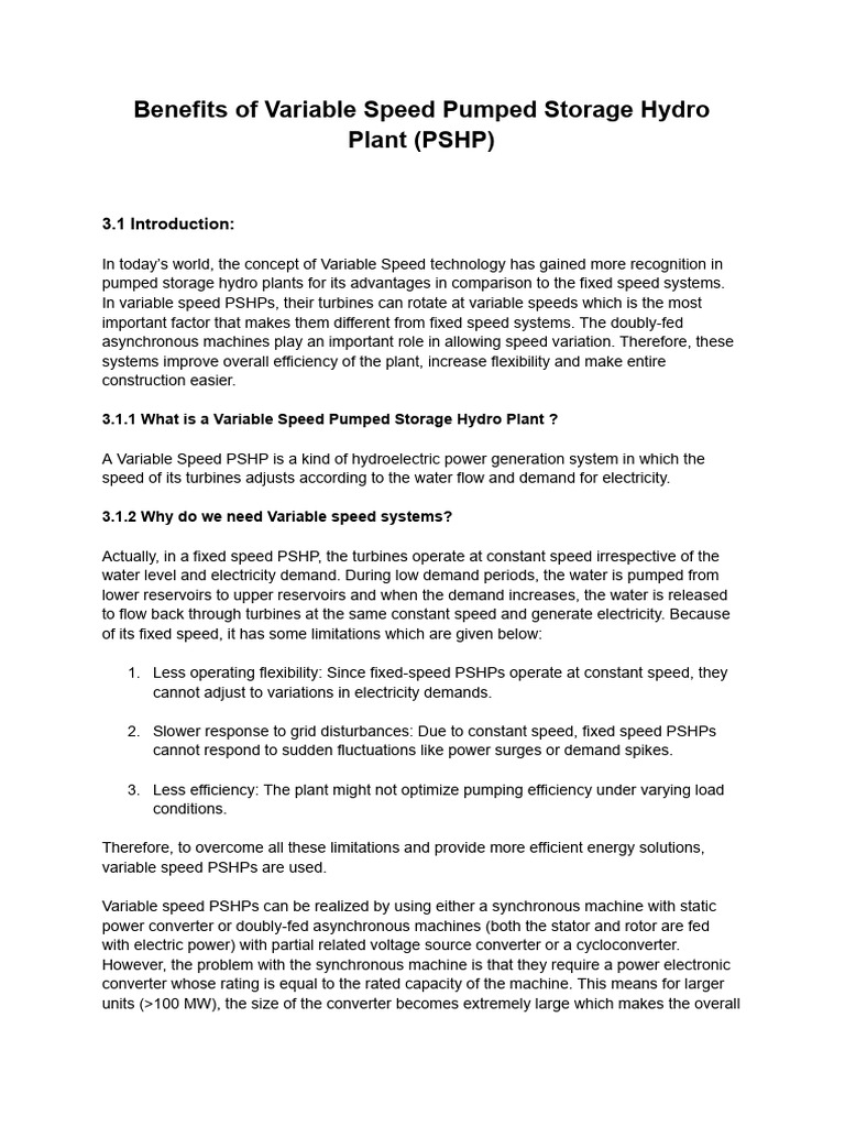 Benefits of Variable Speed Pumped Storage Hydro Plant (PSHP) | PDF ...