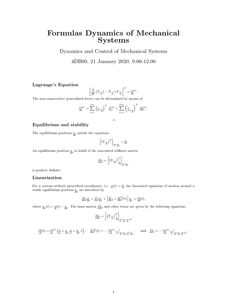 Dynamics Formula Sheet | PDF | Eigenvalues And Eigenvectors | Numerical ...