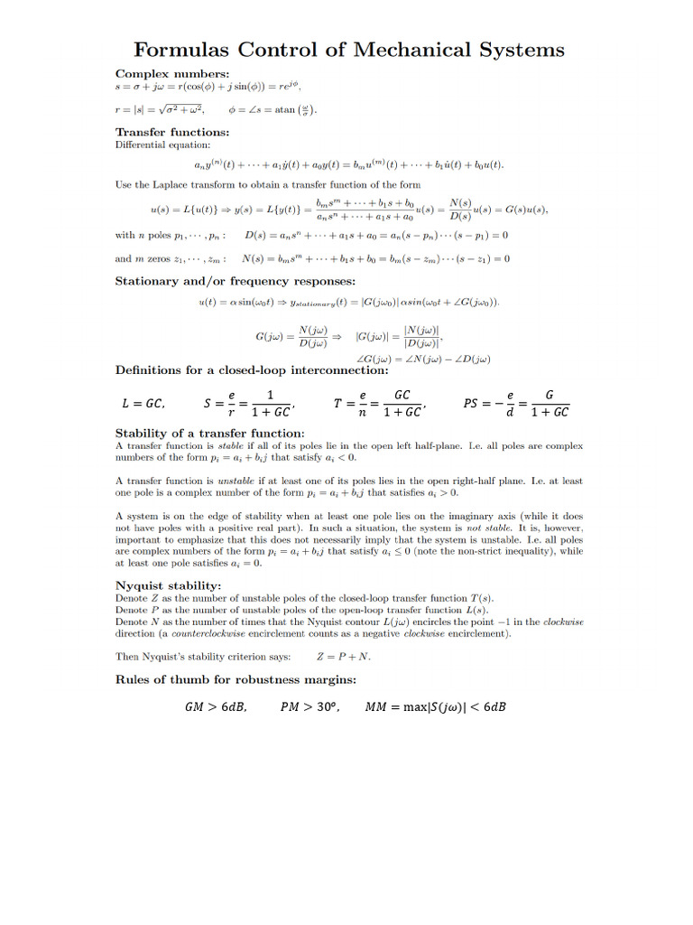 Controls Formula Sheet 2023 2024 | PDF