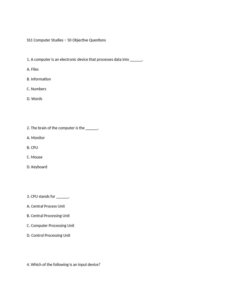 SS1 Computer Studies 50 Objective Questions | PDF | Computer Data ...