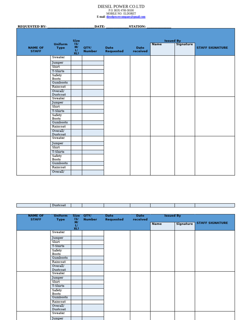 Station Uniform Requisition Form | PDF | Sweater | Military Uniforms