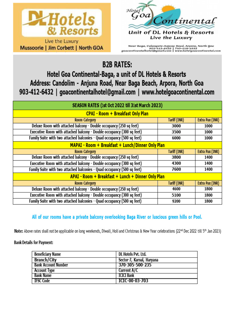 B2B Rates for Hotel Goa Continental, A Unit of DL Hotels & Resorts (PDF ...