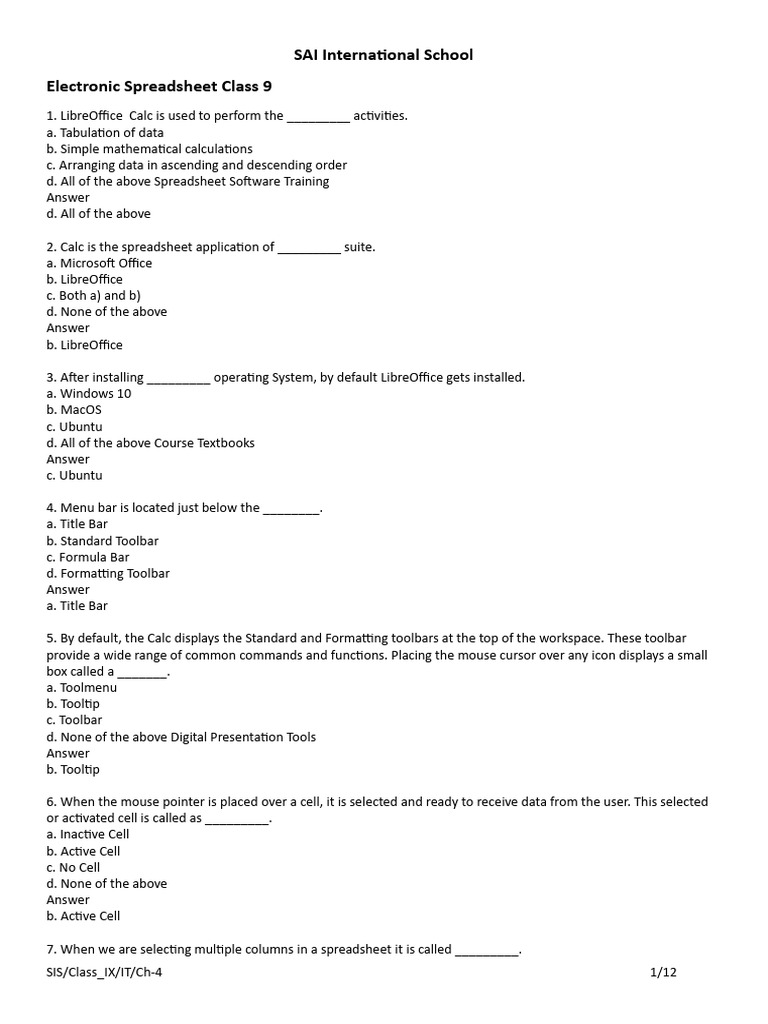 Spreadsheet - Calc Class 9 Solutions | PDF | Spreadsheet | Formula
