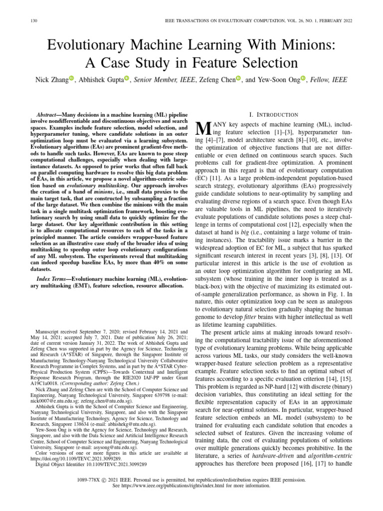Evolutionary Machine Learning With Minions a Case Study in Feature ...