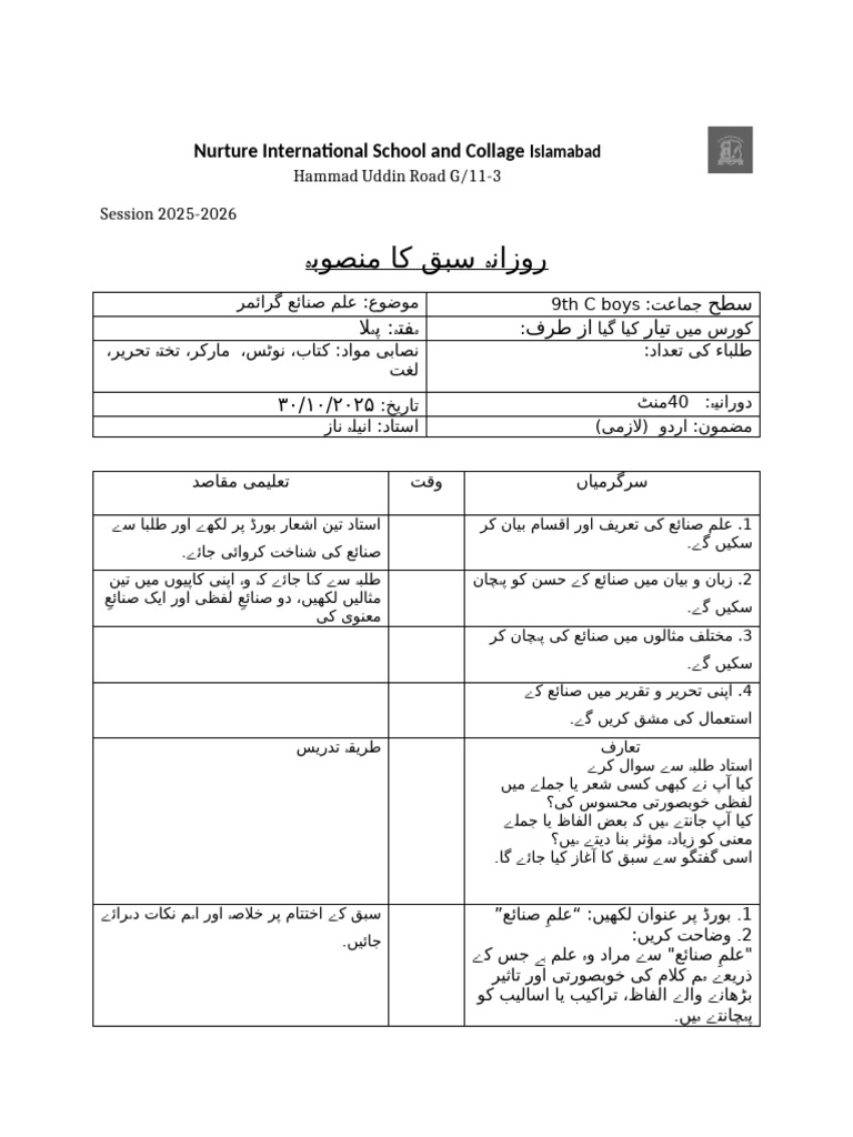 Urdu Lesson Plan.9th C 30 اکتوبر | PDF