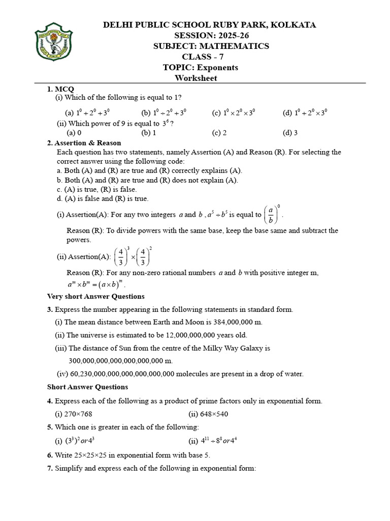 Mathematics Exponents Worksheet-Class 7 (2025-26) | PDF ...