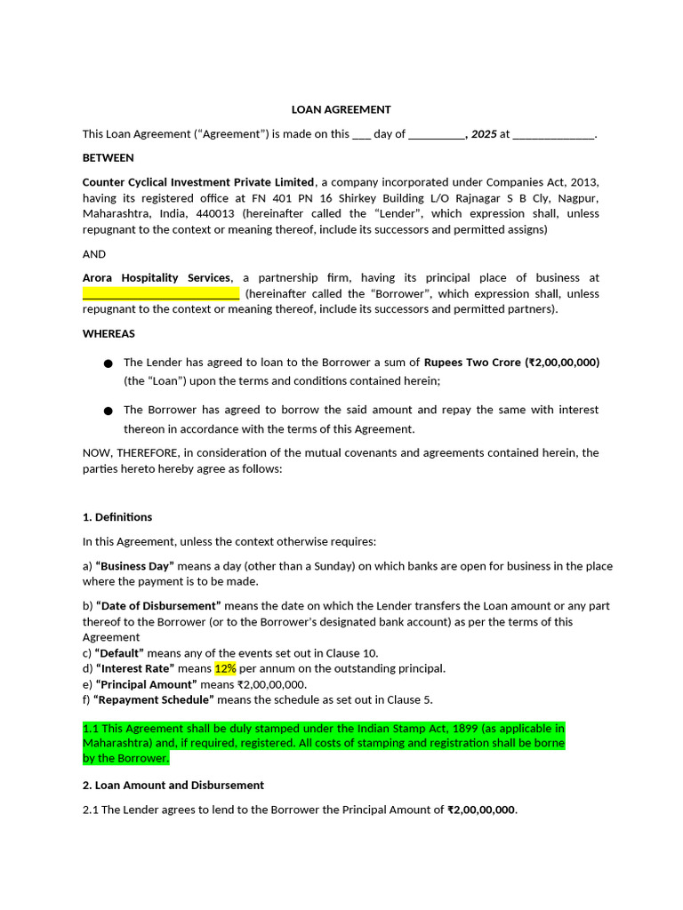 Loan Agreement Updated Clauses | PDF | Loans | Interest