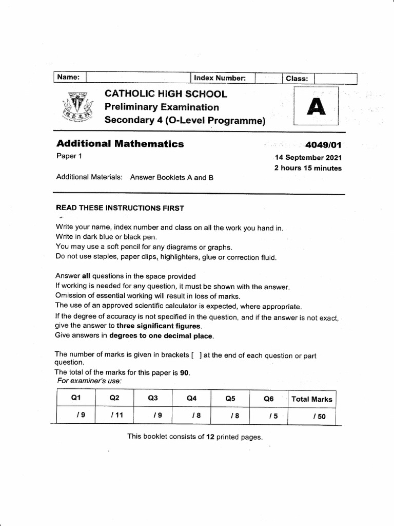 2021 Sec 4 A Maths Prelim Catholic High | PDF