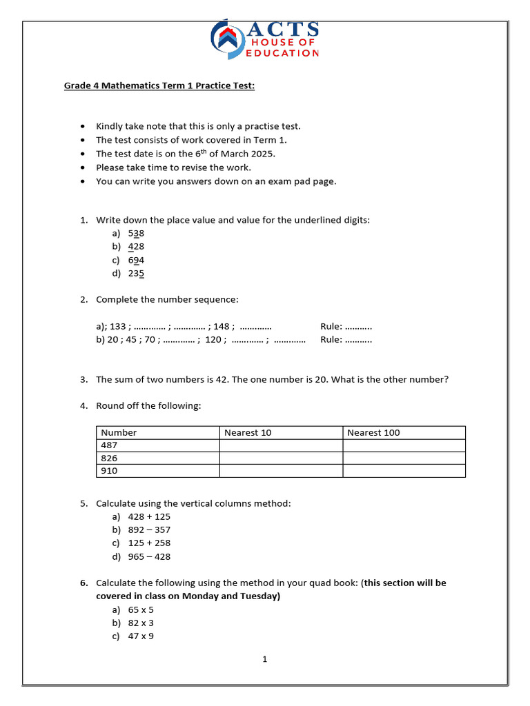 Grade 4 Math Term 1 Practice Test | PDF