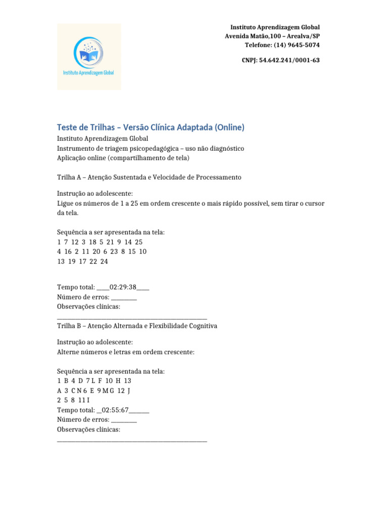 Teste Trilhas A B Online Adaptado | PDF