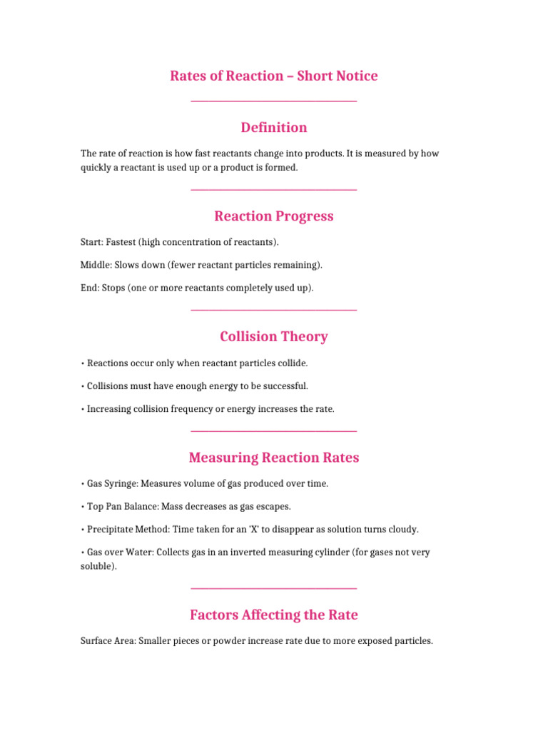 Rates of Reaction Short Notice | PDF