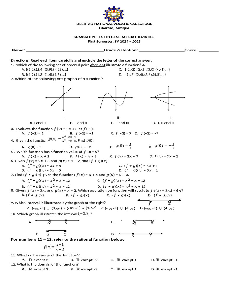 Summative Test in Gen Math 2024 Fiest Quarter | PDF | Mathematical ...