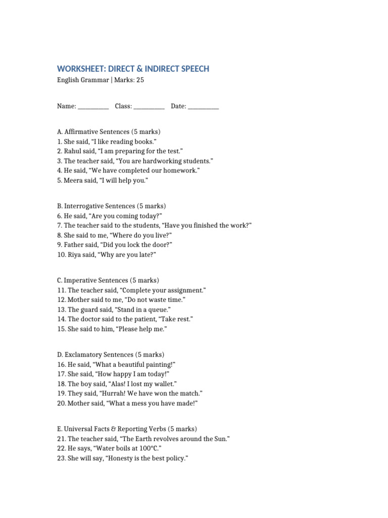 Direct Indirect Speech Worksheet 25 Marks | PDF