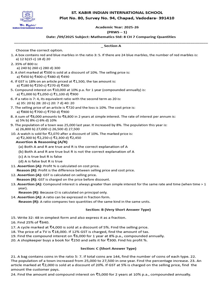 Gr.8 Math PRWS-1 L-1-Comparing Quantities | PDF | Interest | Prices