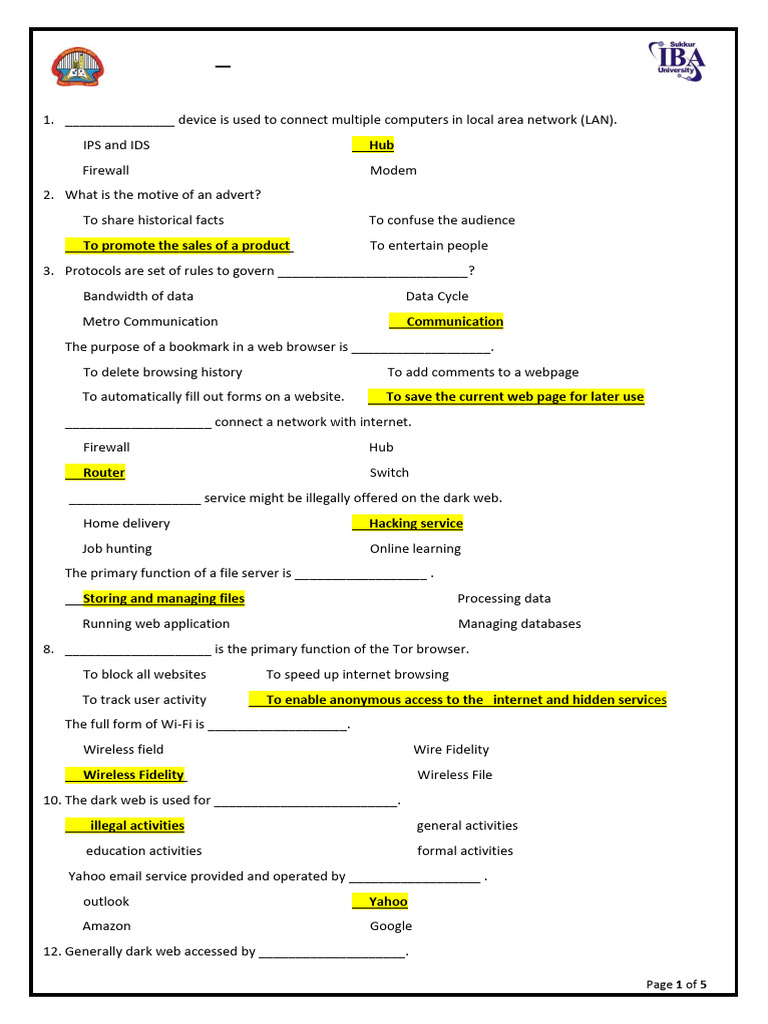 Computer Mcqs For Practice in Final Assesment Class 5 | PDF | World ...